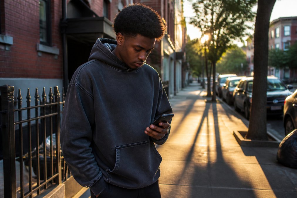 A person in a heavyweight faded hoodie standing on a city sidewalk, glancing down at a smartphone with an alert notification glowing on the screen, late afternoon golden hour light casting long shadows