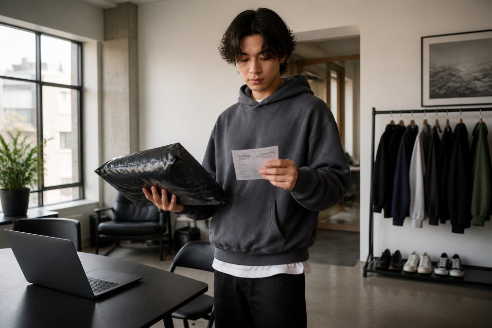 A young adult in a stylish streetwear outfit holding a packaged clothing item and a return shipping label, standing in a bright modern apartment with a laptop open on a desk nearby