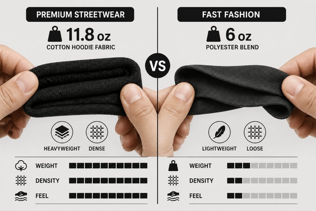Close-up of hands holding and comparing two fabric swatches side by side, showing the weight and texture difference between a thick 11.8 oz premium cotton hoodie fabric and a thin 6 oz fast fashion polyester blend