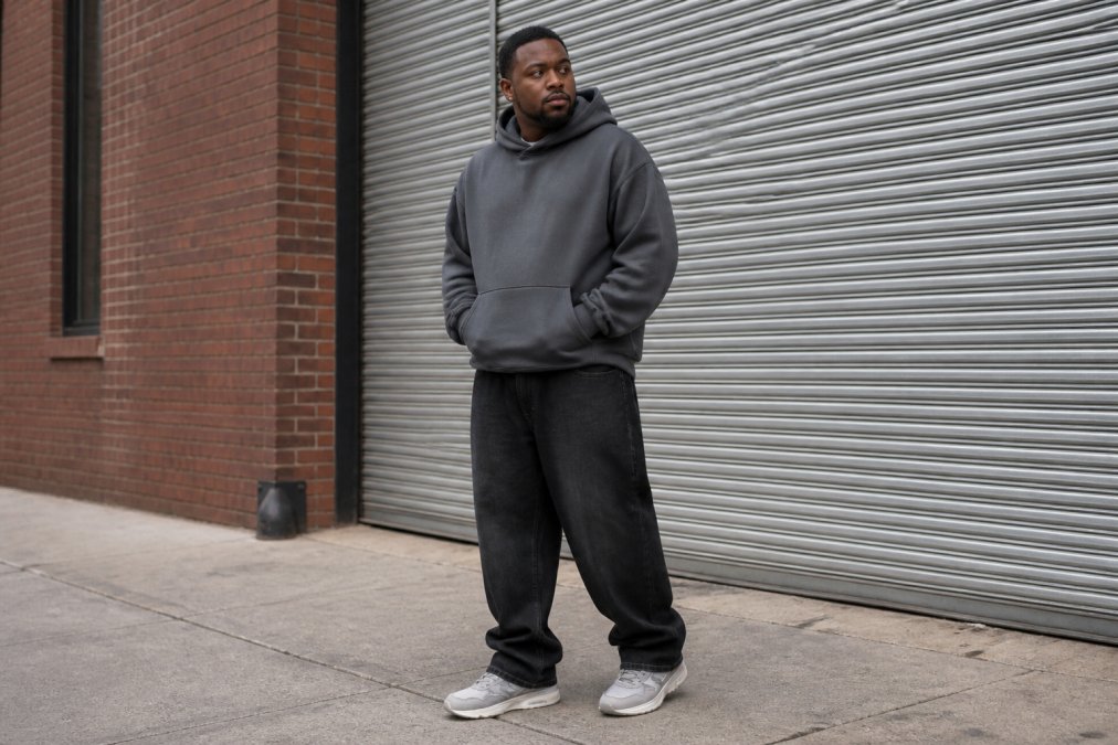 Individual styled in a Slate Built Stronger heavyweight hoodie with dark relaxed-fit jeans and neutral gray sneakers, photographed in natural daylight showing how the boxy dropped-shoulder silhouette creates a balanced streetwear proportions