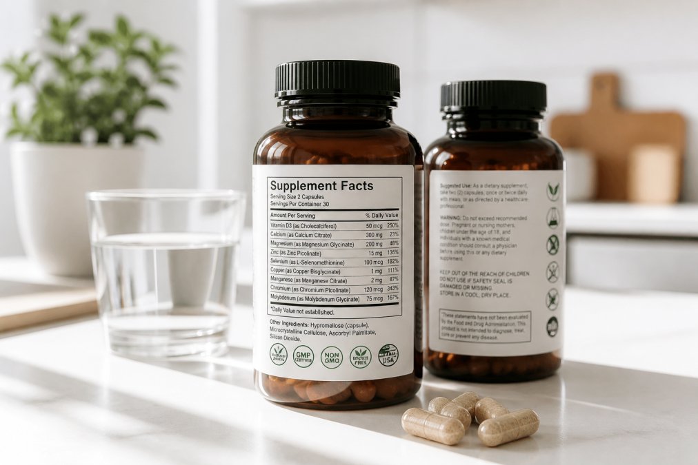 Close-up of supplement bottles with clear, readable labels displaying ingredient lists and certification marks on a bright white surface with natural daylight highlighting product transparency and purity