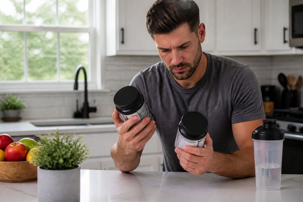 Health-conscious adult examining supplement bottle labels at home, comparing products on a clean kitchen counter with natural daylight, reading ingredient lists and certification marks carefully