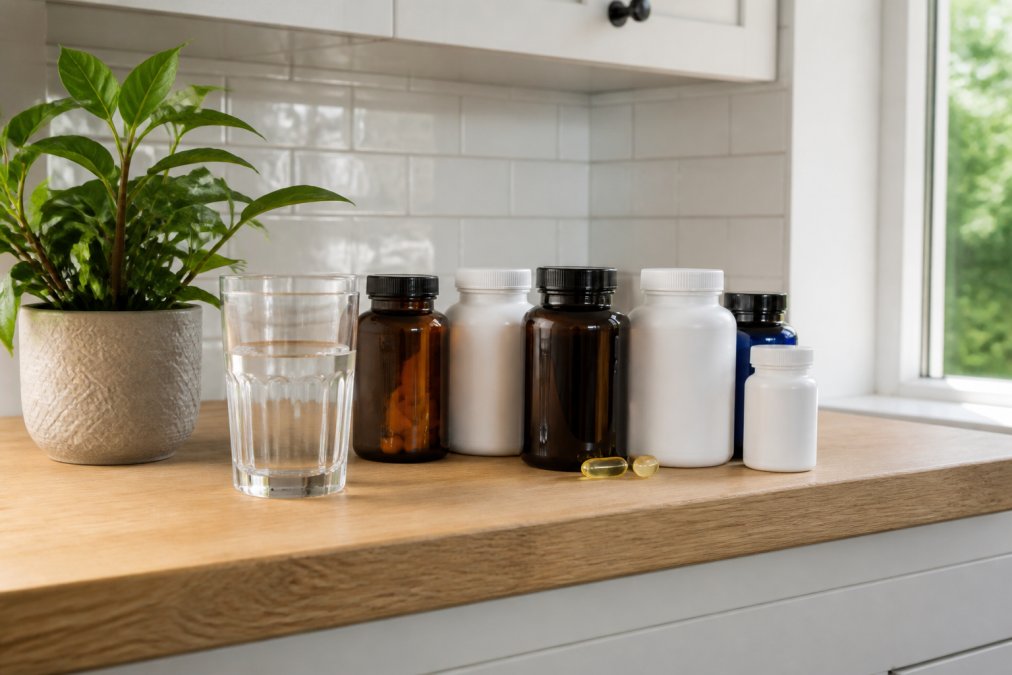 A clean, well-organised shelf in a bright UK kitchen with a glass of water and several supplement bottles, including a vitamin D3 bottle, arranged neatly next to a small green plant
