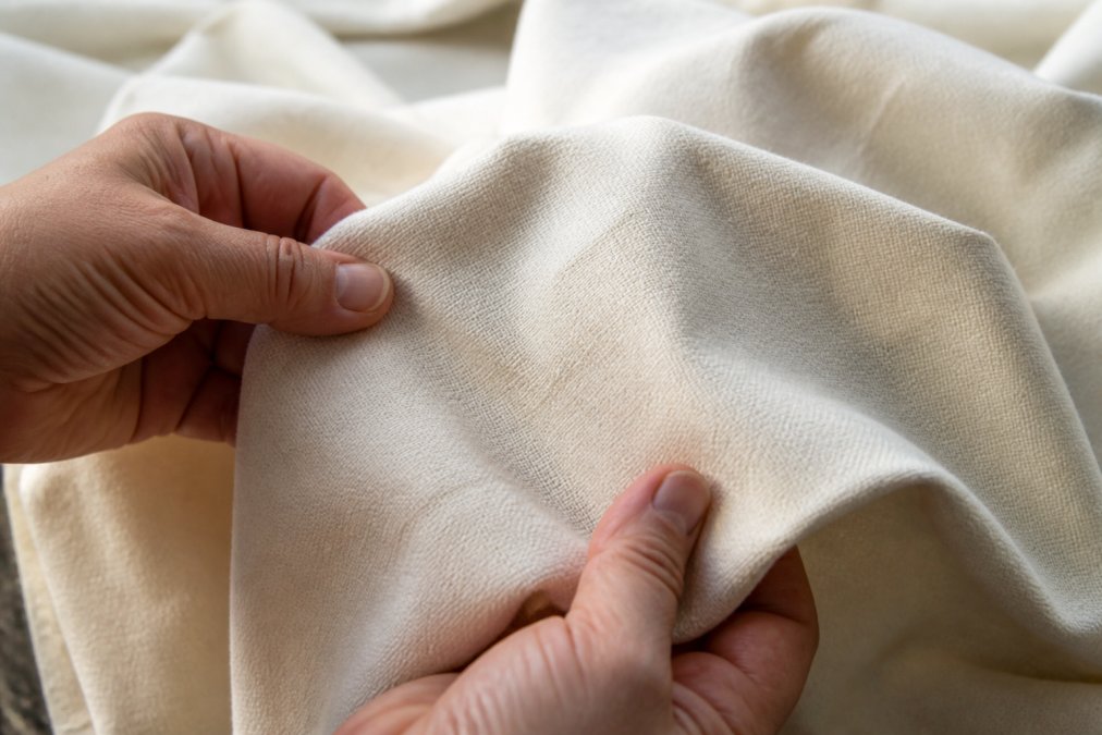 Close-up of soft organic cotton fabric texture being held gently in hands, showing natural weave and breathable quality between fingers