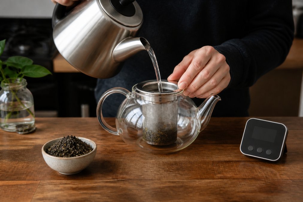 A person's hands using a glass teapot with a stainless steel infuser to pour hot water over loose leaf tea, with a small bowl of dried tea leaves and a timer on a wooden kitchen counter nearby