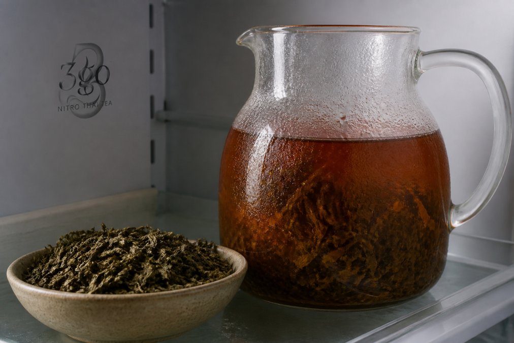 A clear glass pitcher of dark amber cold brew tea steeping in a refrigerator, condensation on the glass, with fresh tea leaves in a bowl nearby and soft natural light