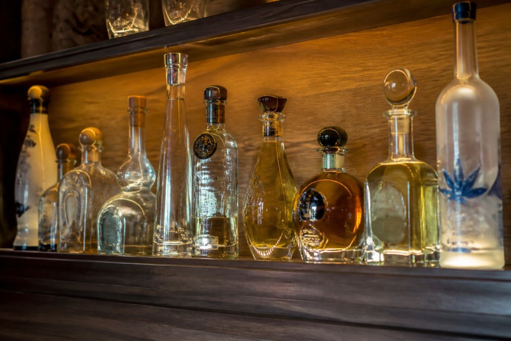 Collection of premium tequila bottles with distinct amber, golden, and clear hues arranged on a wooden shelf with warm ambient lighting, showcasing various bottle shapes and sizes