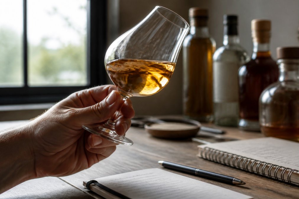 Close-up of a hand holding a crystal snifter glass filled with amber tequila, tilting it to examine the spirit's color and viscosity against natural window light