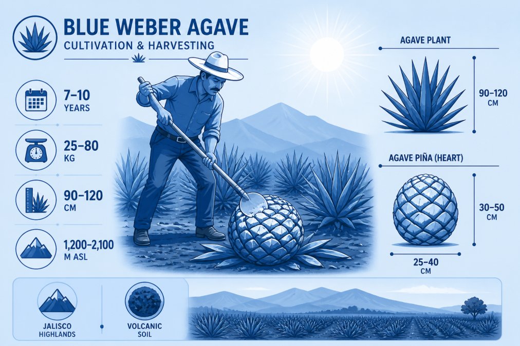 Jimador with traditional coa tool harvesting blue agave piña in Jalisco highlands, showing the characteristic spiky leaves and mature heart of the plant against rich volcanic soil under morning sunlight