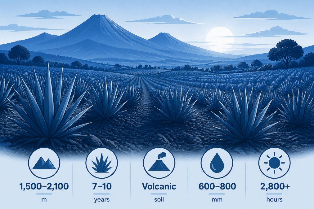 Panoramic view of highland agave fields in Jalisco with volcanic mountains silhouetted against sunset, showing rows of mature blue agave plants against rich volcanic soil landscape