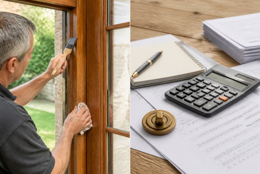 Homeowner carefully applying protective timber stain or finish to a timber door frame using a brush and cloth, demonstrating maintenance technique with natural daylight illuminating the workspace