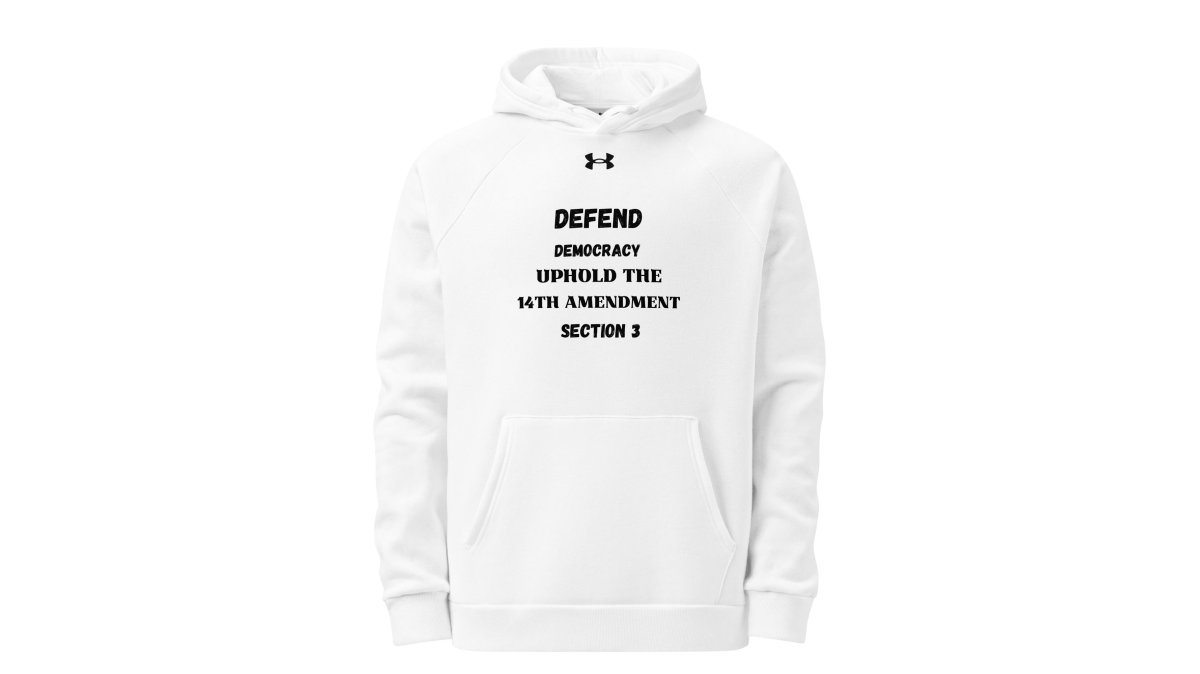 Close-up of someone wearing a premium unisex hoodie with original slogan design, showing fabric quality, print durability, and stitching detail