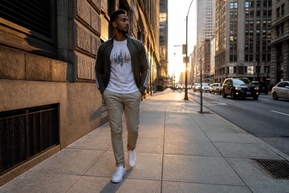 A confident man in his early 30s wearing a track jacket layered over a graphic tee with slim-cut chinos and clean high-end sneakers, walking along a metropolitan sidewalk during golden hour with warm light catching the jacket's texture