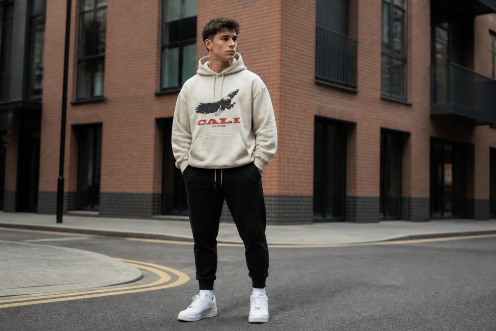 Young man wearing a sand-coloured oversized hoodie styled with fitted black joggers and white trainers, standing confidently in an urban street setting with modern brick buildings and natural daylight illuminating the scene