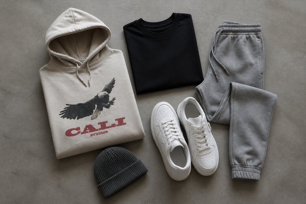 Flat lay arrangement of premium streetwear essentials displayed on a neutral grey background, including a folded oversized hoodie in tiger print, a black t-shirt, fitted grey joggers, white trainers, and a beanie, showing garment construction details and fabric quality