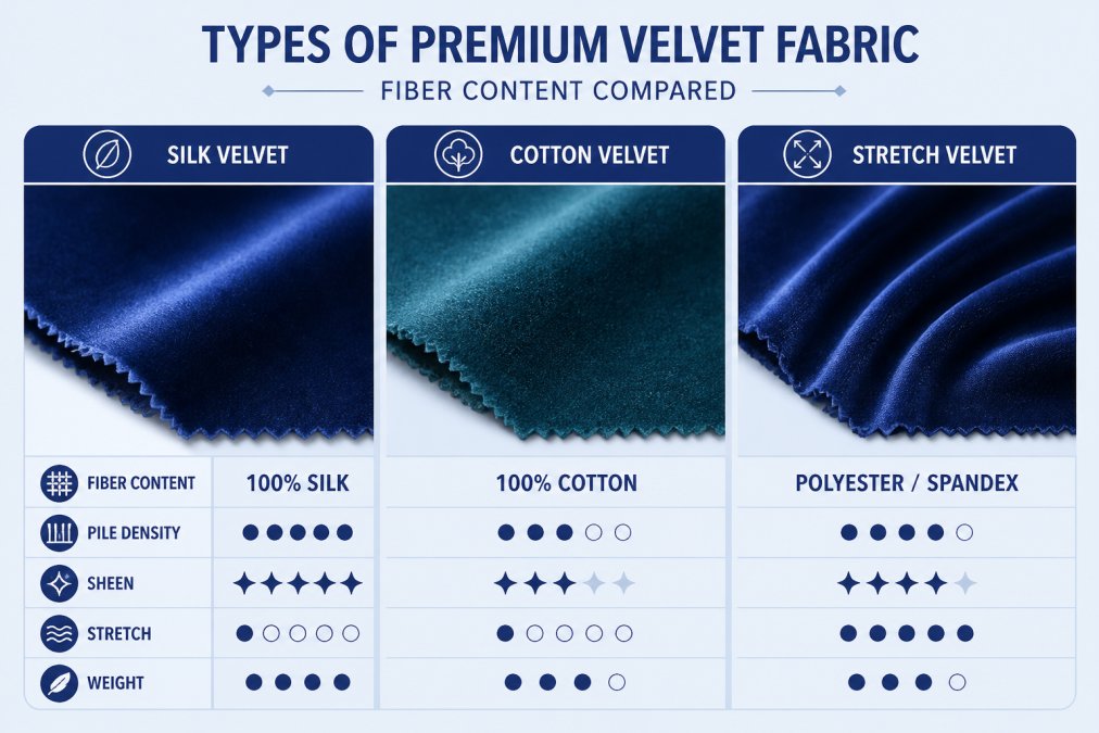 Close-up flat lay of several swatches of velvet fabric in rich jewel tones arranged side by side on a white surface, showing differences in pile density, sheen, and texture between silk, cotton, and stretch velvet