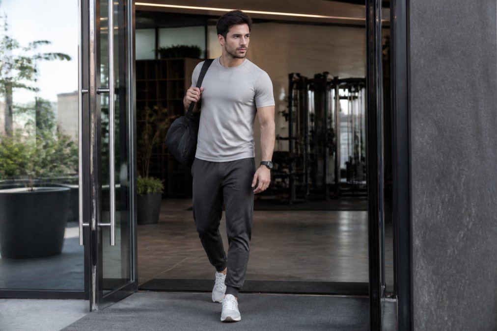 Active male professional wearing premium athletic joggers and moisture-wicking shirt in neutral tones, transitioning from a modern gym setting to an urban office environment, showing versatility of high-quality activewear in natural daylight