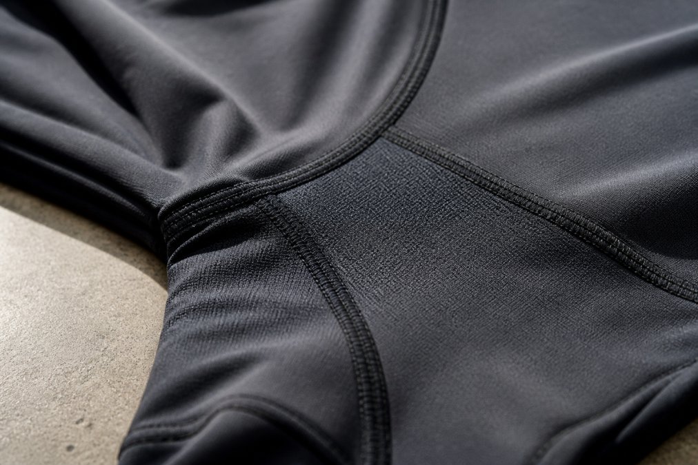 Close-up of premium technical fabric details showing four-way stretch seams, moisture-wicking material texture, and ergonomic construction on high-end athletic piece, photographed with natural lighting highlighting fabric quality