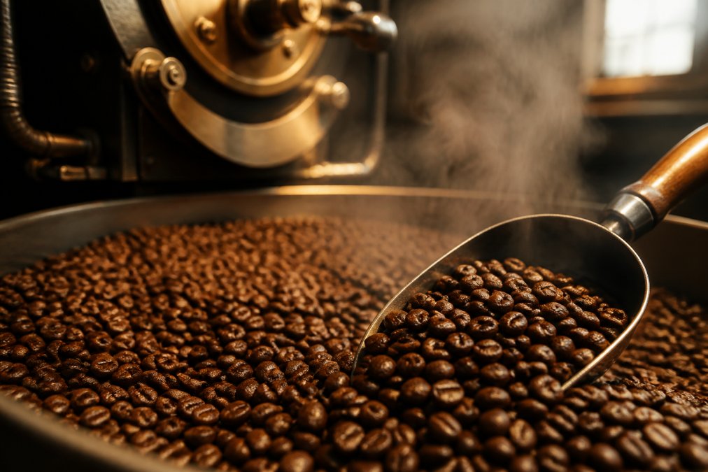 Close-up of freshly roasted coffee beans in a roasting facility with steam rising, warm amber lighting highlighting rich brown tones and the glossy texture of specialty-grade beans