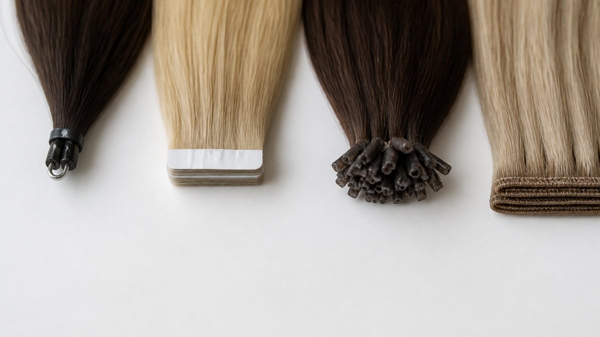 Close-up of four hair extension bonds, nano ring, tape, keratin and flat weft, arranged side by side on a clean white surface in natural light
