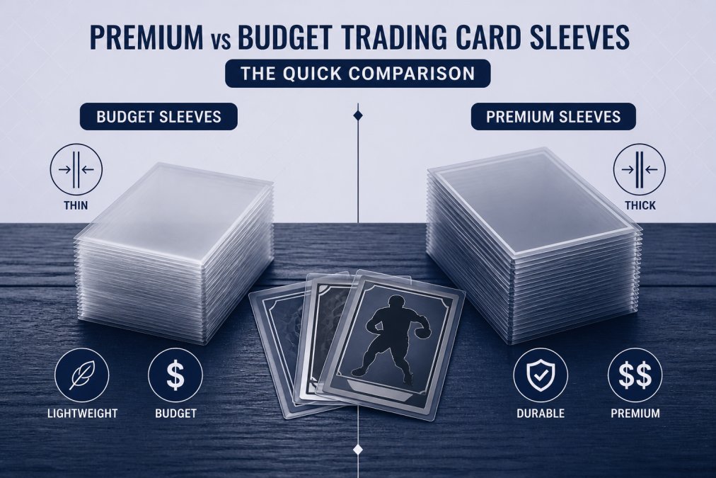 Comparison chart contrasting thin penny and thick premium trading card sleeves on a wooden table