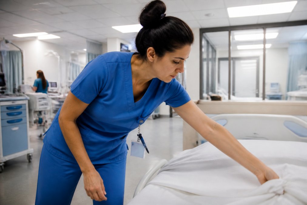 Healthcare professional in scrubs bending and reaching across a hospital bed during a busy clinical shift, fabric stretching and moving with the body, fluorescent hospital lighting