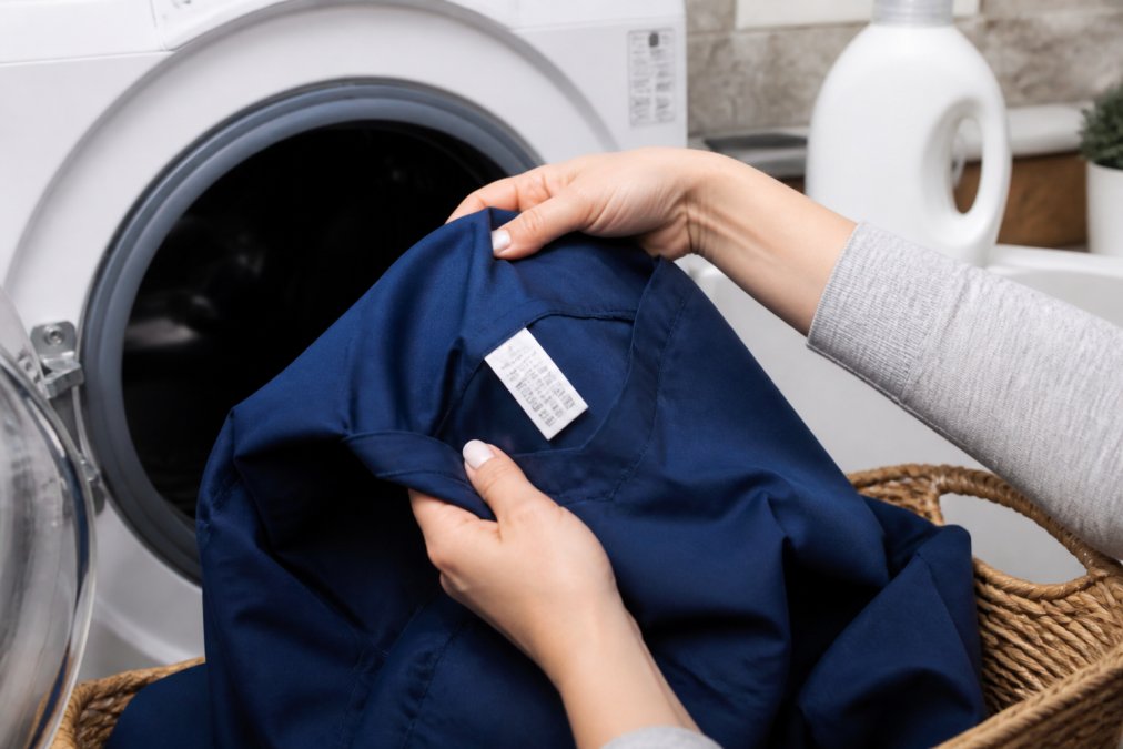 Close-up of hands placing scrubs into a washing machine, with laundry detergent bottle and care instruction tag visible on the fabric