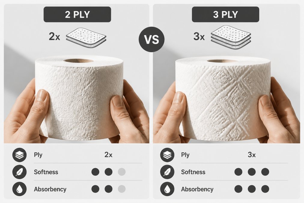 Close-up of hands holding two different toilet paper rolls side by side, showing texture and quilting detail with natural sunlight highlighting the embossed patterns