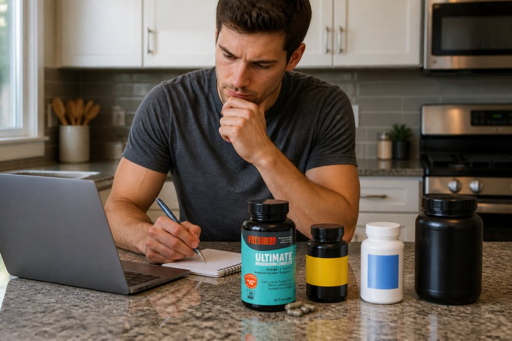 Person reviewing supplement products on a kitchen counter with a laptop, comparing options and taking notes