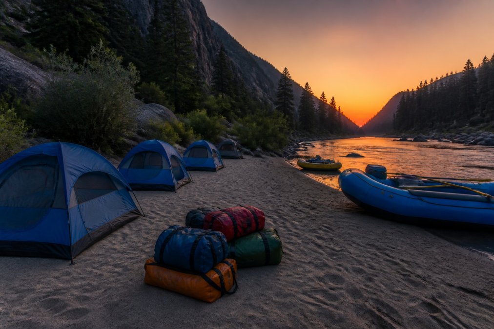 Dome tents at a riverside camp during multi-day whitewater rafting expeditions at dusk.