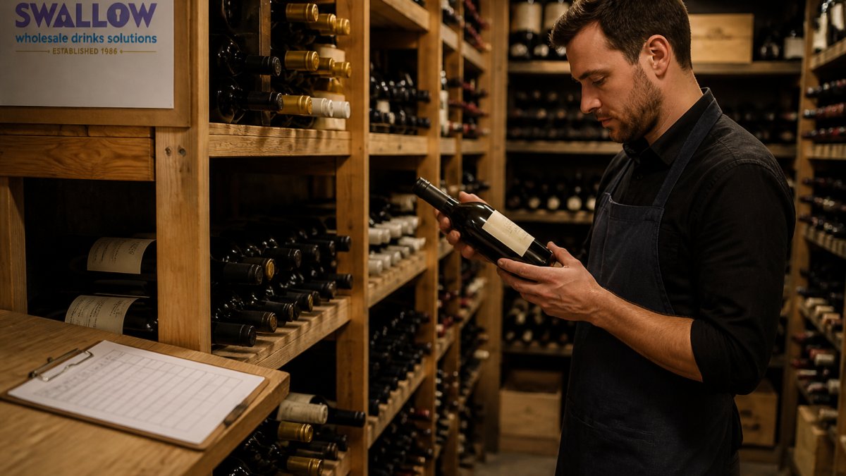 A restaurant cellar with wine bottles racked in rows, a clipboard stock sheet resting on a shelf, and a member of staff in a dark apron checking a bottle label under warm lighting