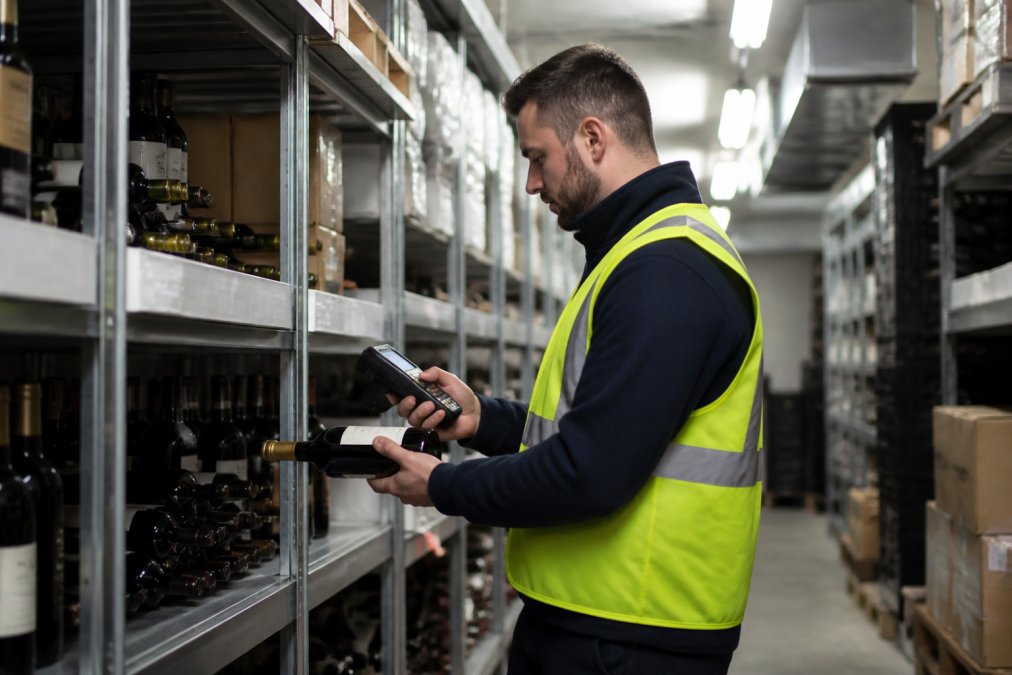 Warehouse worker in high-visibility vest scanning wine bottles with handheld device in climate-controlled storage facility with organized metal shelving and fluorescent lighting