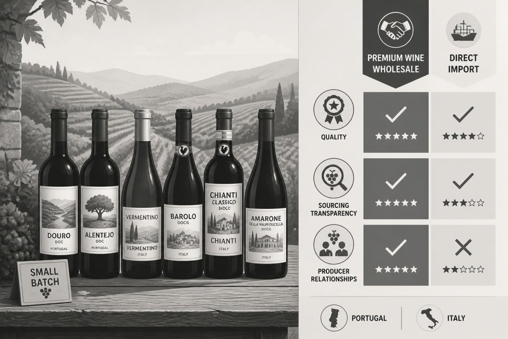 Bottles of small-batch Portuguese and Italian wines displayed on weathered wooden table with vineyard landscape and rolling hills visible in soft afternoon sunlight through background