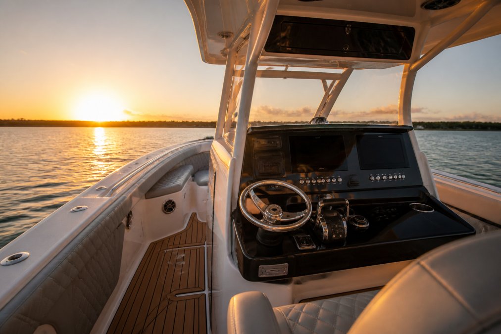 Luxury center console yacht photographed during golden hour with crisp details of the helm controls, polished surfaces, and water reflections visible in natural light
