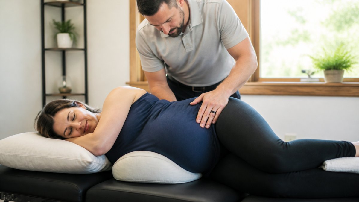 A pregnant woman lying comfortably on her side on a chiropractic table with supportive cushions, while a gentle chiropractor adjusts her lower back in a warm, bright clinic room