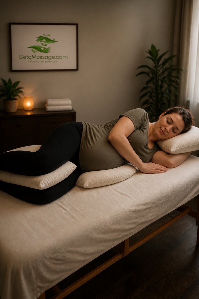 Pregnant woman in side-lying position on a massage table with supportive pillows under her belly and between her knees, demonstrating proper prenatal massage positioning in a calm clinical setting