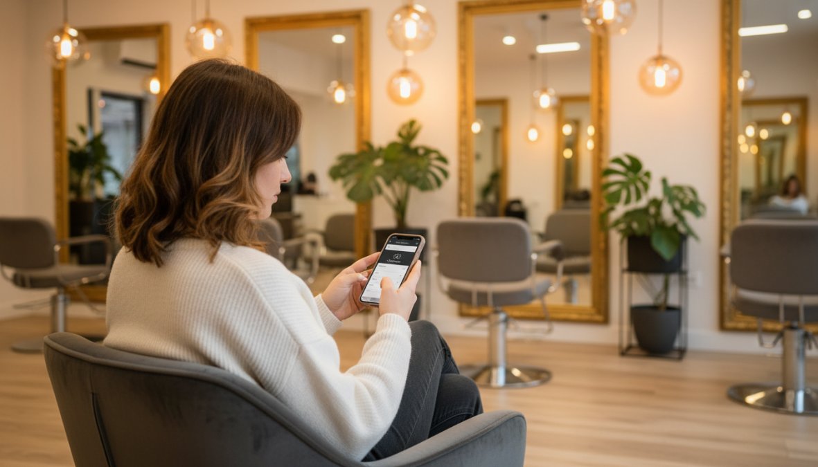 Una persona seduta in un moderno salone di bellezza con luci calde e specchi alle spalle, che scorre con il pollice uno smartphone mostrando un'app di prenotazione aperta con calendario e orari disponibili
