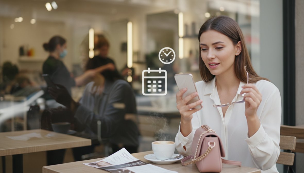 Primo piano di due mani che tengono uno smartphone con schermata di prenotazione last minute aperta, sullo sfondo sfocato di un salone di parrucchiere con sedie occupate e specchi illuminati