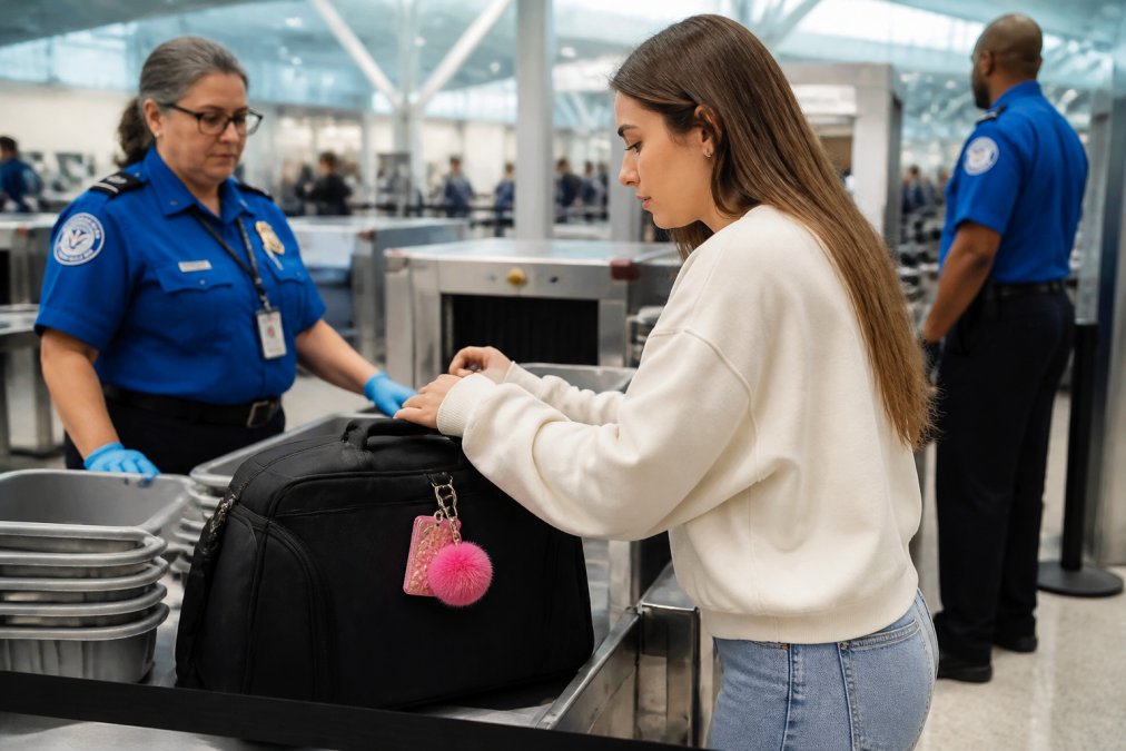 Young woman at airport security checkpoint with a keychain visible on her carry-on bag during TSA screening, security officers in background, bright airport lighting