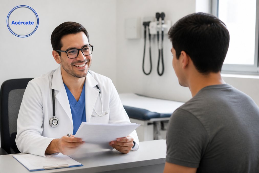Profesional de salud en bata blanca en una clínica moderna, sosteniendo documentación médica, en un consultorio bien iluminado con equipo de diagnóstico visible
