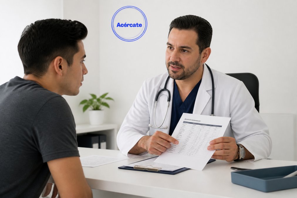 Paciente adulto en consulta médica con profesional sanitario, revisando resultados de laboratorio en escritorio clínico, ambiente de confianza y privacidad