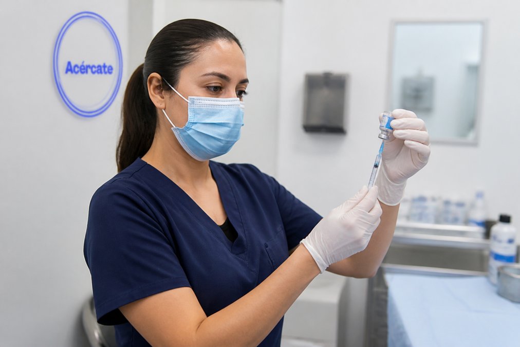 Profesional de salud preparando vacuna en jeringa dentro de clínica moderna, con equipo médico limpio y bien organizado de fondo, iluminación clínica