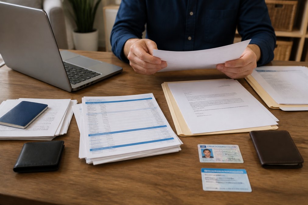 Professional organizing newcomer car loans documents like bank statements and ID papers on a desk with a laptop