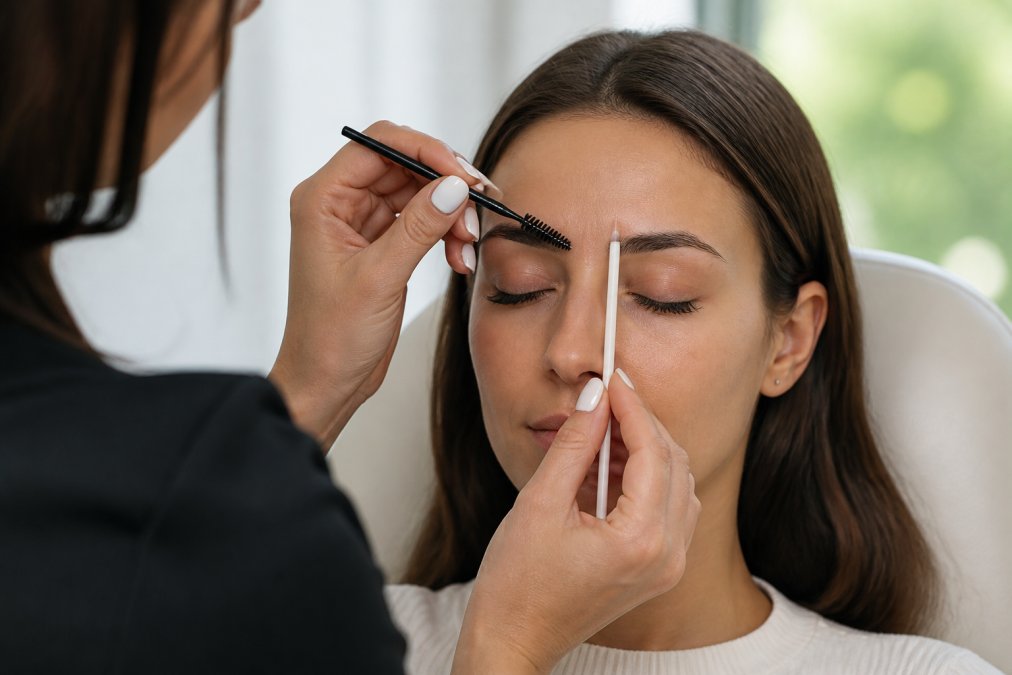 Brow technician using a mapping tool and spoolie to prepare eyebrows lamination in a bright clinic