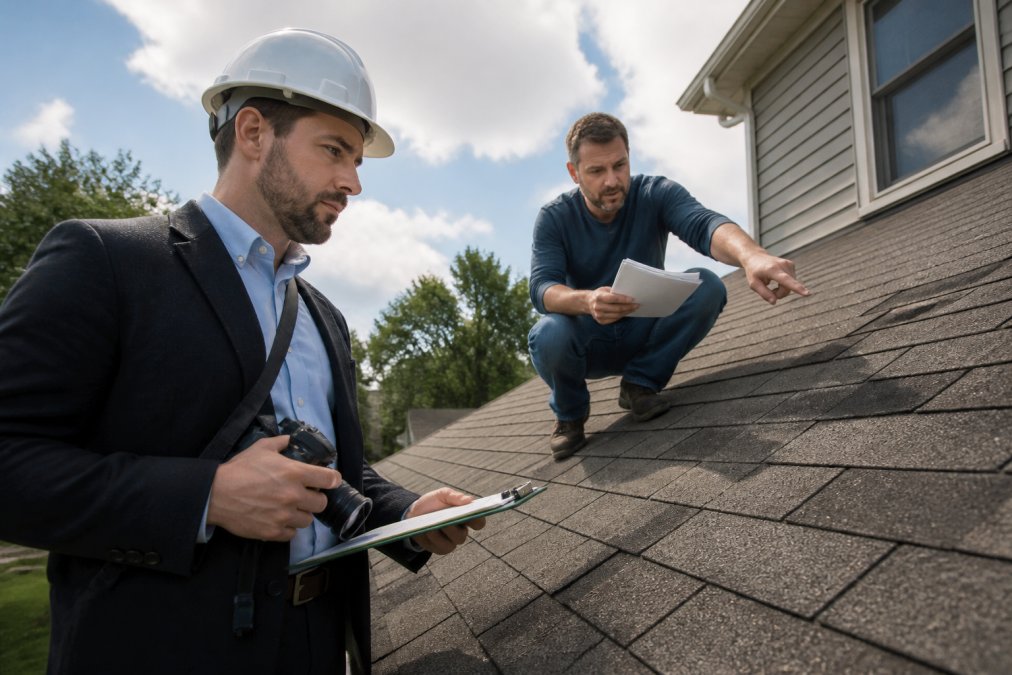 Insurance adjuster in professional attire and hard hat conducting roof inspection with clipboard and camera, homeowner standing nearby in background reviewing documents and pointing to roof damage areas in natural daylight