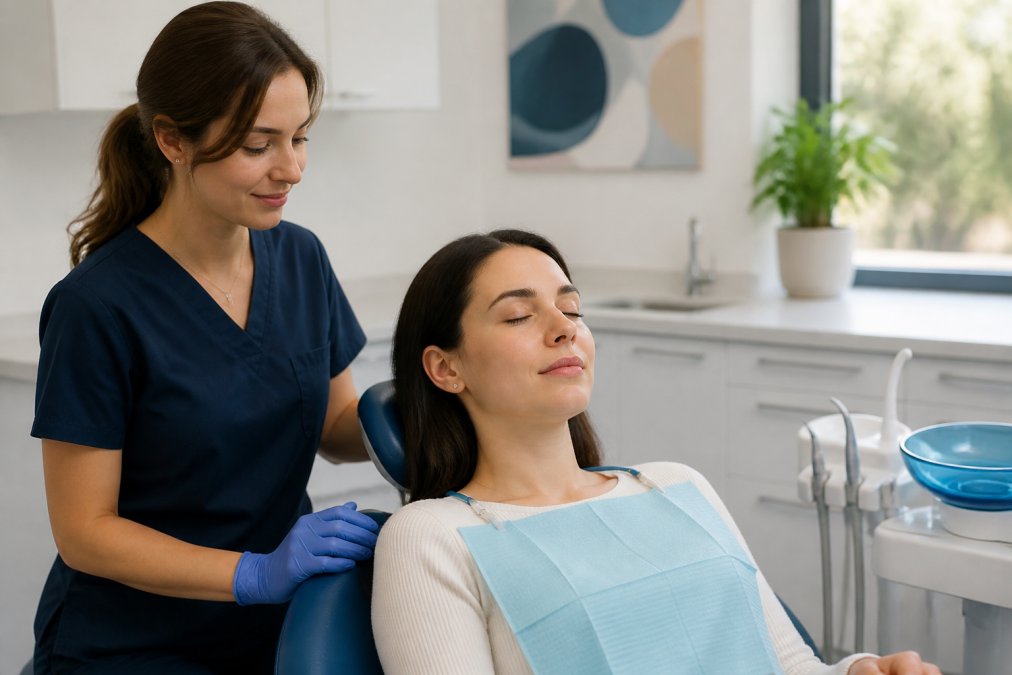 Patient practicing deep breathing to prepare for root canal in a calm, modern dental office.
