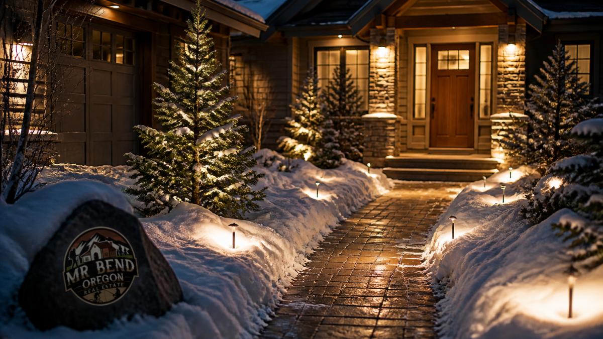 Snow-covered home with clear walkways, outdoor uplighting illuminating the entrance, and evergreen landscaping framing the front door on a winter evening