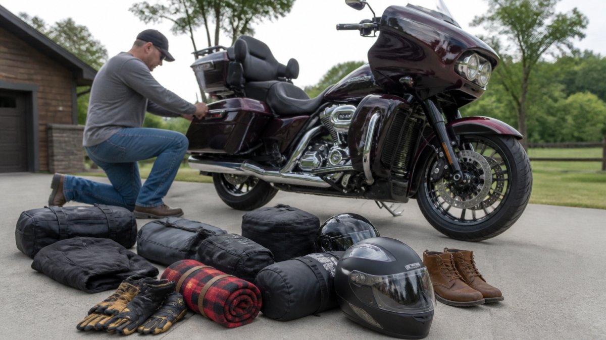 Rider securing saddlebags and checking weight distribution on a motorcycle parked in a driveway, with touring gear organized on the ground nearby