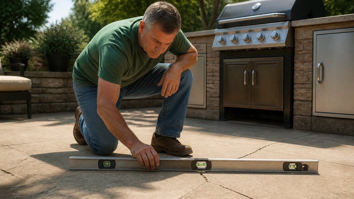 Homeowner using a long level on a concrete patio next to an outdoor kitchen island