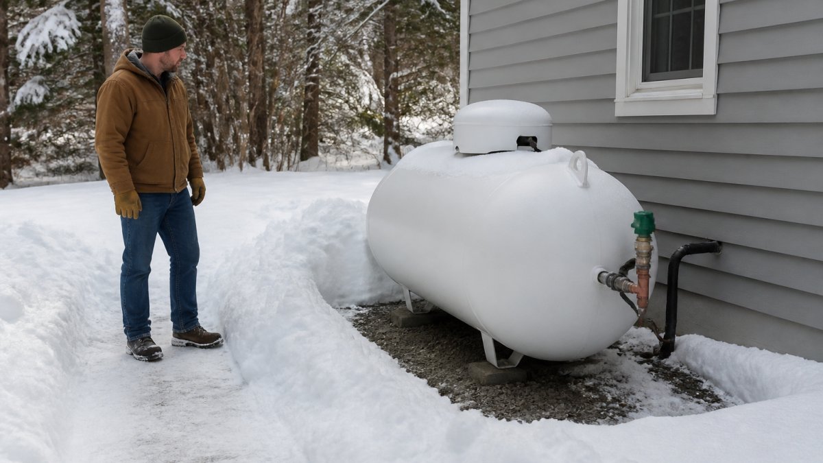 Residential propane tank in winter setting with snow cleared around the base, regulator vent visible and unobstructed, homeowner checking tank access pathway